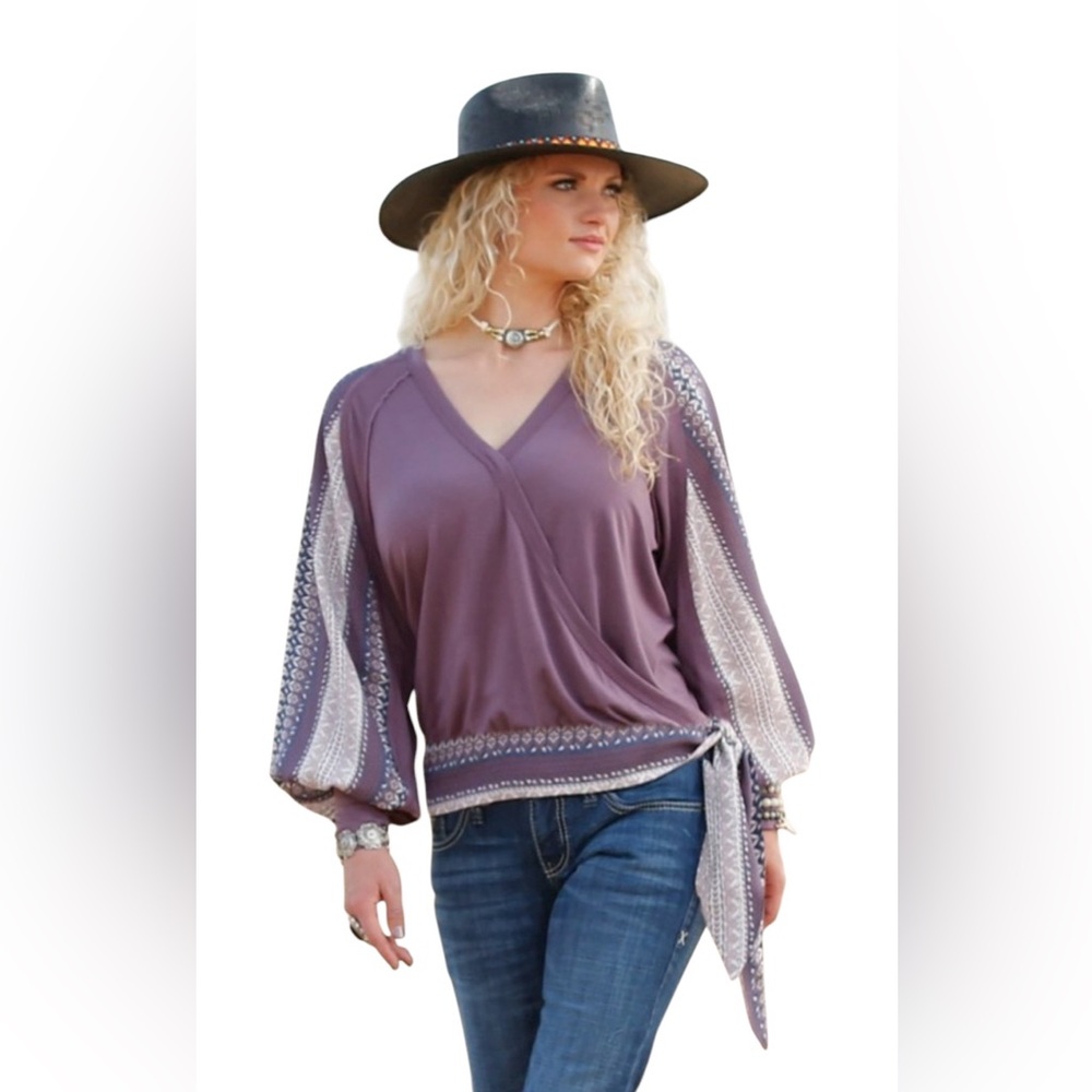 Women’s NWT Cruel Girl Faux Wrap Long Slv Blouse Southwestern XL Mixed Media